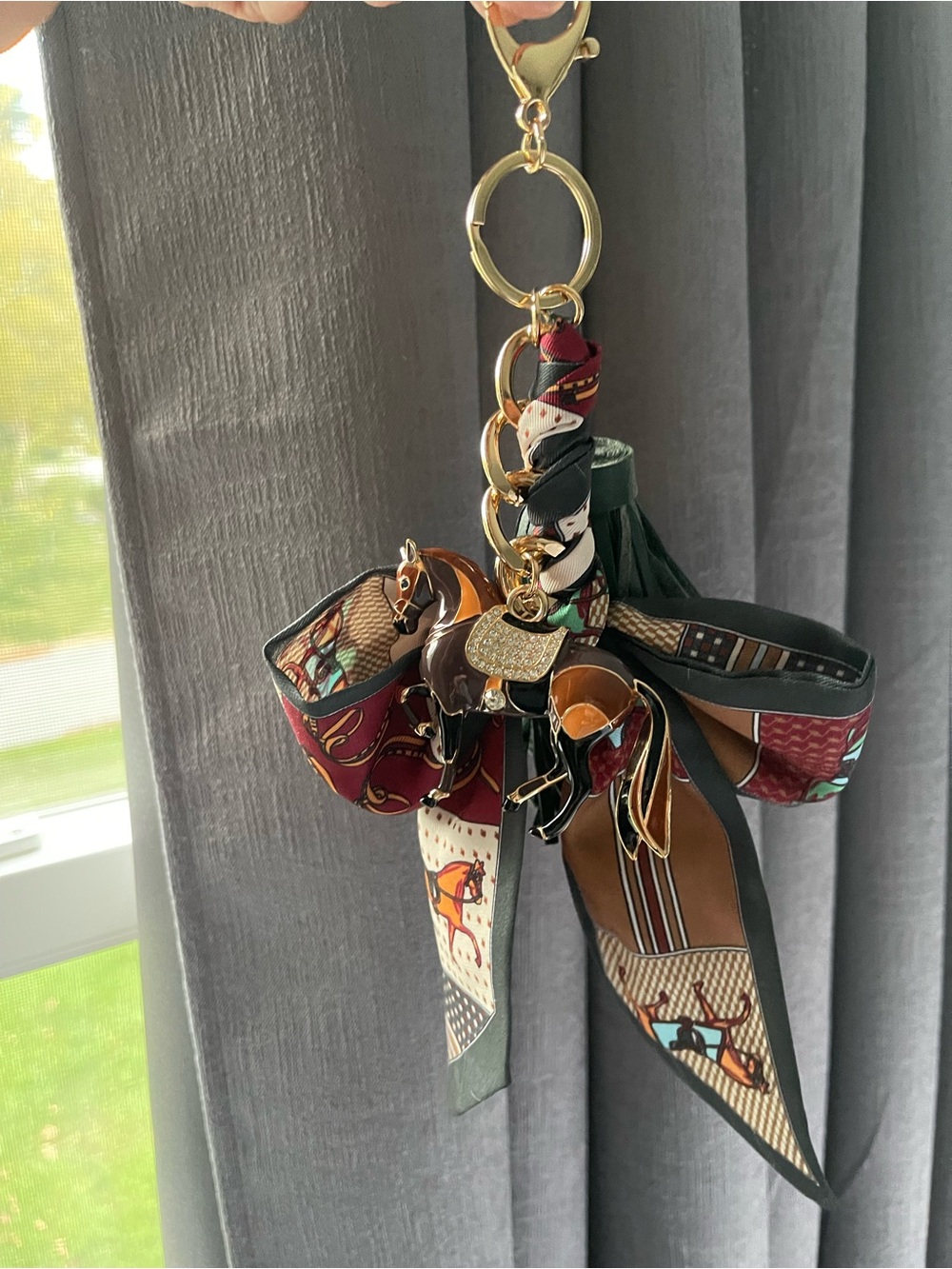 Equestrian Scarf Charm Keychain in Burgundy & Green